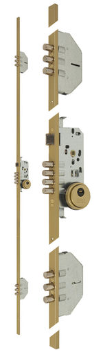 Cerradura de embutir multipunto, referencia 701-3-PB de MCM. 3 puntos - Bulones - Frente en U 22x9,5mm. Acabado oro