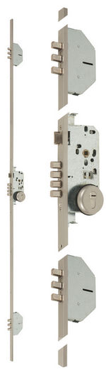 Cerradura de embutir multipunto, referencia 703-3 de MCM. 3 puntos - Bulones - Frente en U 20x7,5mm. Acabado plata