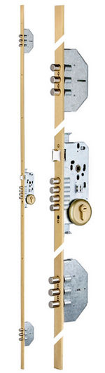 Cerradura de embutir multipunto, referencia 705-3 de MCM. 3 puntos - Bulones - Frente en U 25x6mm. Acabado oro