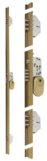Cerradura de embutir multipunto, referencia 7140-3 de MCM. 3 puntos - Bulones - Frente en H de 40mm. Acabado oro