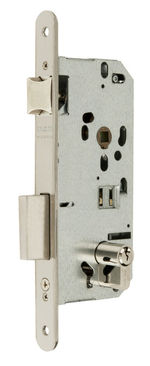 Cerradura de seguridad de embutir en madera, referencia SI01SI01 de MCM.  Medida entre ejes 85mm. Acabado inoxidable