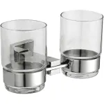 Vaso doble de vidrio para cepillo de dientes, con soporte, referencia 16914.B de la serie Barcelona de Nofer. Acero inoxidable AISI 304 y cristal
