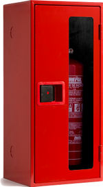 Armario extintor de polvo con puerta semiciega roja, referencia AEXPPSR de Cofem. Medidas: 300x610x245 mm