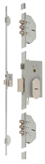 Cerradura de seguridad multipunto, referencia 808-3 de MCM. 3 puntos de cierre de bulones – Frente en U de 22x9, 5mm. Acabado plata