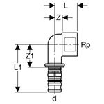Codo de transición 90° Geberit serie Mepla con rosca hembra: CW617N, d=16mm, Rp=1/2″