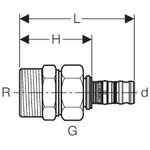 Racor de transición Geberit serie Mepla con rosca macho: CC499K, d=16mm, R=1/2″, G=3/4″