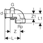 Unión en codo de transición 90° Geberit serie Mapress Cobre con rosca hembra: CC499K, d=15mm, Rp=1/2″