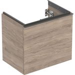 Mueble bajo Geberit Acanto para lavabo, con un cajón y un cajón interior, compacto: Ancho de lavabo=60cm, Cuerpo y frontal: nogal hickory/melamina con textura de madera, Tirador: lava/con pintura polvo al horno mate