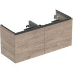 Mueble bajo para lavabo de dos senos Geberit Acanto, dos cajones y dos cajones interiores: Cuerpo y frontal: nogal hickory/melamina con textura de madera