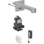 Grifo electrónico para lavabos Geberit Brenta, montaje mural, servicio a batería, para caja funcional empotrada: Acabado de acero inoxidable / Cepillado, con revestimiento fácil de limpiar, L=22cm, Mezclador=Con mezclador