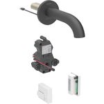 Grifo electrónico para lavabos Geberit Piave, montaje mural, servicio a generador, para caja funcional empotrada: Negro mate / Con revestimiento de limpieza fácil, L=17cm, Mezclador=Con mezclador