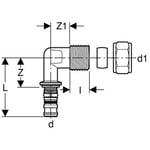 Codo de transición 90° Geberit serie Mepla con unión con anillo bicónico: CW617N, d=16mm, d1=15mm