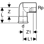 Codo de transición 90° Geberit Mapress Acero Inoxidable con rosca hembra: d=18mm, Rp=1/2″, L1=3.9cm