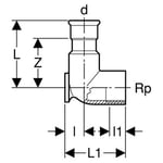 Codo de conexión 90° Geberit serie Mapress Acero Inoxidable: d=12mm, Rp=1/2″, L1=4.3cm