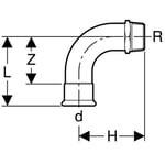 Codo 90° Geberit serie Mapress Acero al Carbono con rosca macho: d=22mm, R=3/4″