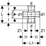 Empalme en cruz Geberit serie Mapress Cobre, reducido, escalonado: d=15mm, d1=15mm