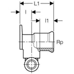 Codo de suministro en T 90° Geberit serie Mepla escalonado: CW617N, d=20mm, Rp=1/2″, d1=20mm, L=3.6cm