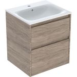 Juego de lavabo para mueble Geberit Selnova Square, borde fino, dos cajones, mueble bajo para lavabo: 55x62.1x48cm, Ancho de lavabo=55cm, Lavabo: blanco, Cuerpo, Frontal: nogal hickory / Melamina con textura de madera