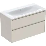Juego de lavabo para mueble Geberit Selnova Square, borde fino, dos cajones, mueble bajo para lavabo: 100x62.1x48cm, Ancho de lavabo=100cm, Lavabo: blanco, Cuerpo, Frontal: gris arena / cubierto con brillo satinado