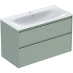Juego de lavabo para mueble Geberit Selnova Square, borde fino, dos cajones, mueble bajo para lavabo: 100x62.1x48cm, Ancho de lavabo=100cm, Lavabo: blanco, Cuerpo, Frontal: Verde salvia / cubierto con brillo satinado