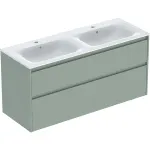 Juego de lavabo para mueble de dos senos Geberit Selnova Square, borde fino, con mueble bajo para lavabo, dos cajones: 130x62.1x48cm, Ancho de lavabo=130cm, Lavabo: blanco, Cuerpo, Frontal: Verde salvia / cubierto con brillo satinado