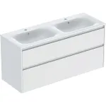 Juego de lavabo para mueble de dos senos Geberit Selnova Square, borde fino, con mueble bajo para lavabo, dos cajones: 130x62.1x48cm, Ancho de lavabo=130cm, Lavabo: blanco, Cuerpo, Frontal: blanco / cubierto con brillo satinado