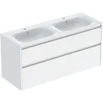 Juego de lavabo para mueble de dos senos Geberit Selnova Square, borde fino, con mueble bajo para lavabo, dos cajones: 130x62.1x48cm, Ancho de lavabo=130cm, Lavabo: blanco, Cuerpo, Frontal: blanco / cubierto con brillo satinado