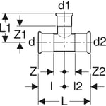 Te Geberit serie Mapress Cobre reducida: d=22mm, d1=12mm, d2=22mm