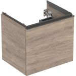 Mueble bajo Geberit serie Acanto para lavabo, con un cajón y un cajón interior. Cuerpo y frontal: nogal hickory/melamina