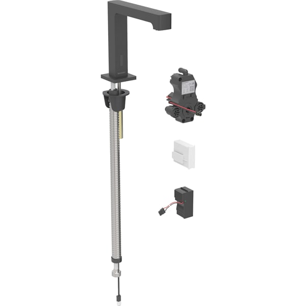 Grifo electrónico para lavabo Geberit Brenta, montaje de encimera, servicio de red, para caja funcional empotrada: Negro mate / Con revestimiento de limpieza fácil, Mezclador=Sin mezclador