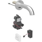 Grifo electrónico para lavabos Geberit Piave, montaje mural, servicio de red, para caja funcional empotrada: Acabado de acero inoxidable / Cepillado, con revestimiento fácil de limpiar, L=17cm, Mezclador=Con mezclador
