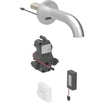 Grifo electrónico para lavabos Geberit Piave, montaje mural, servicio a batería, para caja funcional empotrada: Acabado de acero inoxidable / Cepillado, con revestimiento fácil de limpiar, L=22cm, Mezclador=Con mezclador