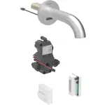 Grifo electrónico para lavabos Geberit Piave, montaje mural, servicio a generador, para caja funcional empotrada: Acabado de acero inoxidable / Cepillado, con revestimiento fácil de limpiar, L=22cm, Mezclador=Sin mezclador