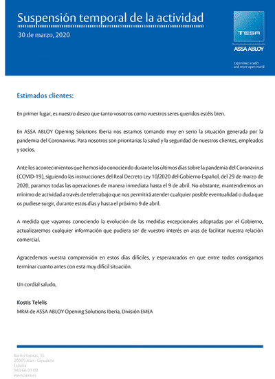 Comunicado de ASSA ABLOY Opening Solutions Iberia: Suspensión temporal de la actividad